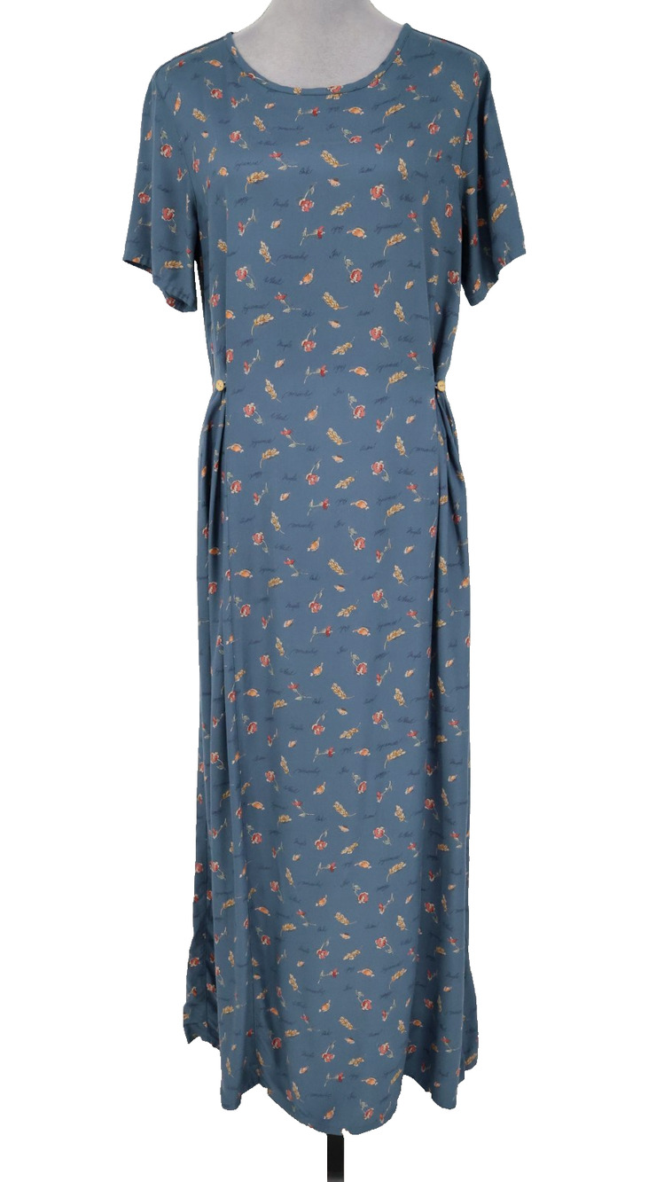 Eddie Bauer Dress Medium Tall MT TM Blue Floral Rayon Novelty Print Vintage Flaw